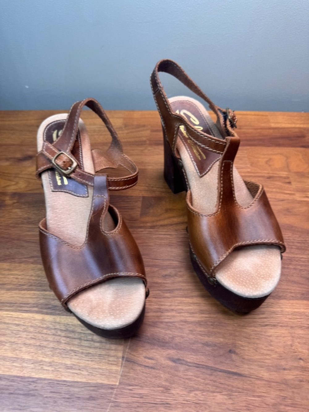 Sbicca Brown Leather Platform Slingback Sandals